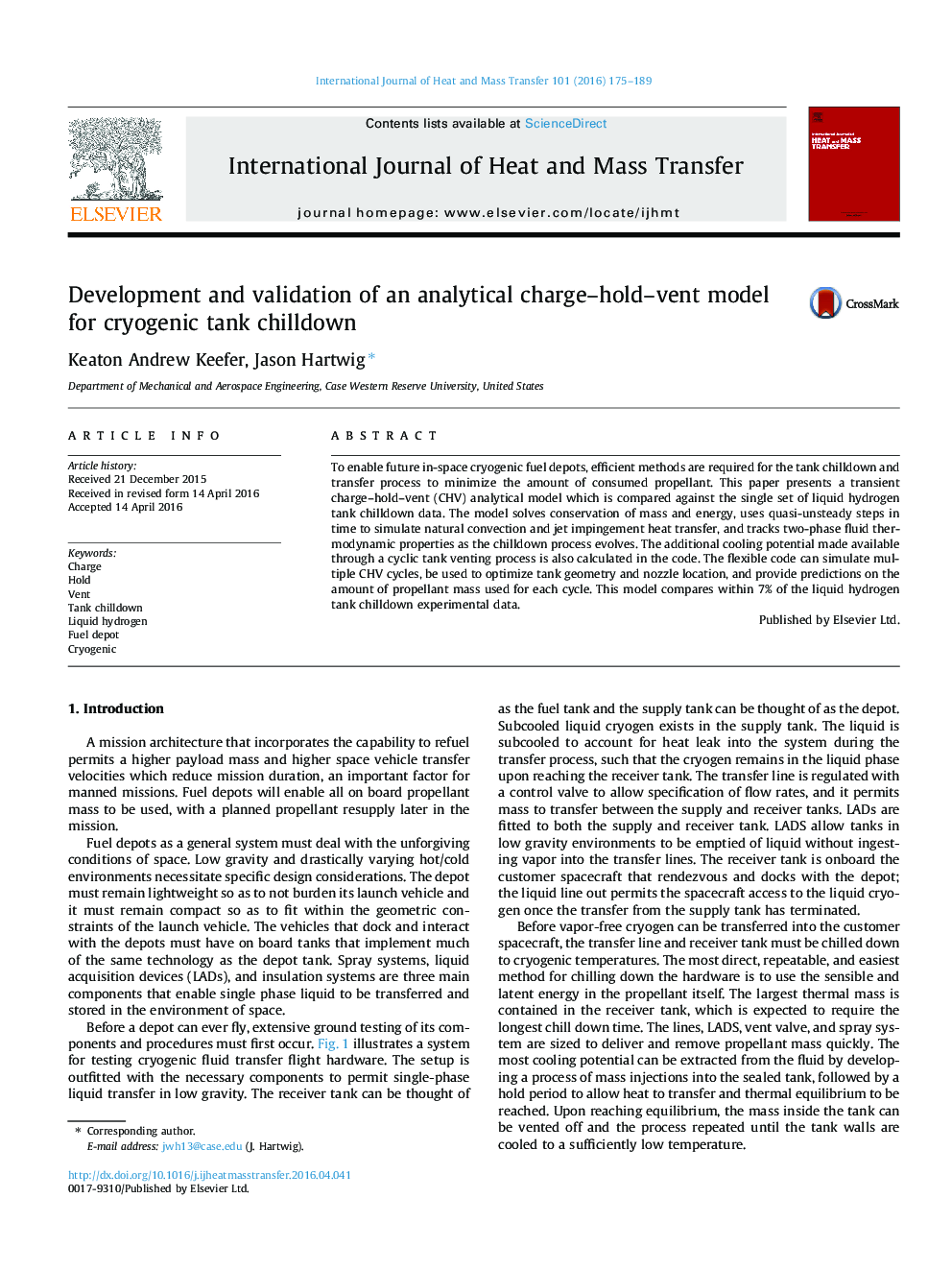 Development and validation of an analytical charge-hold-vent model for cryogenic tank chilldown