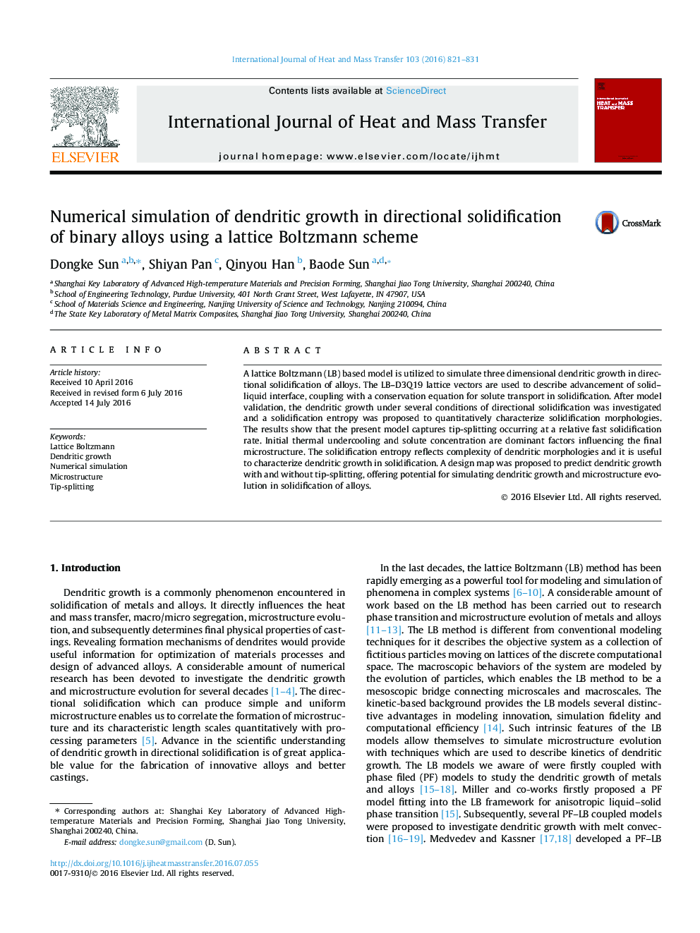 Numerical simulation of dendritic growth in directional solidification of binary alloys using a lattice Boltzmann scheme