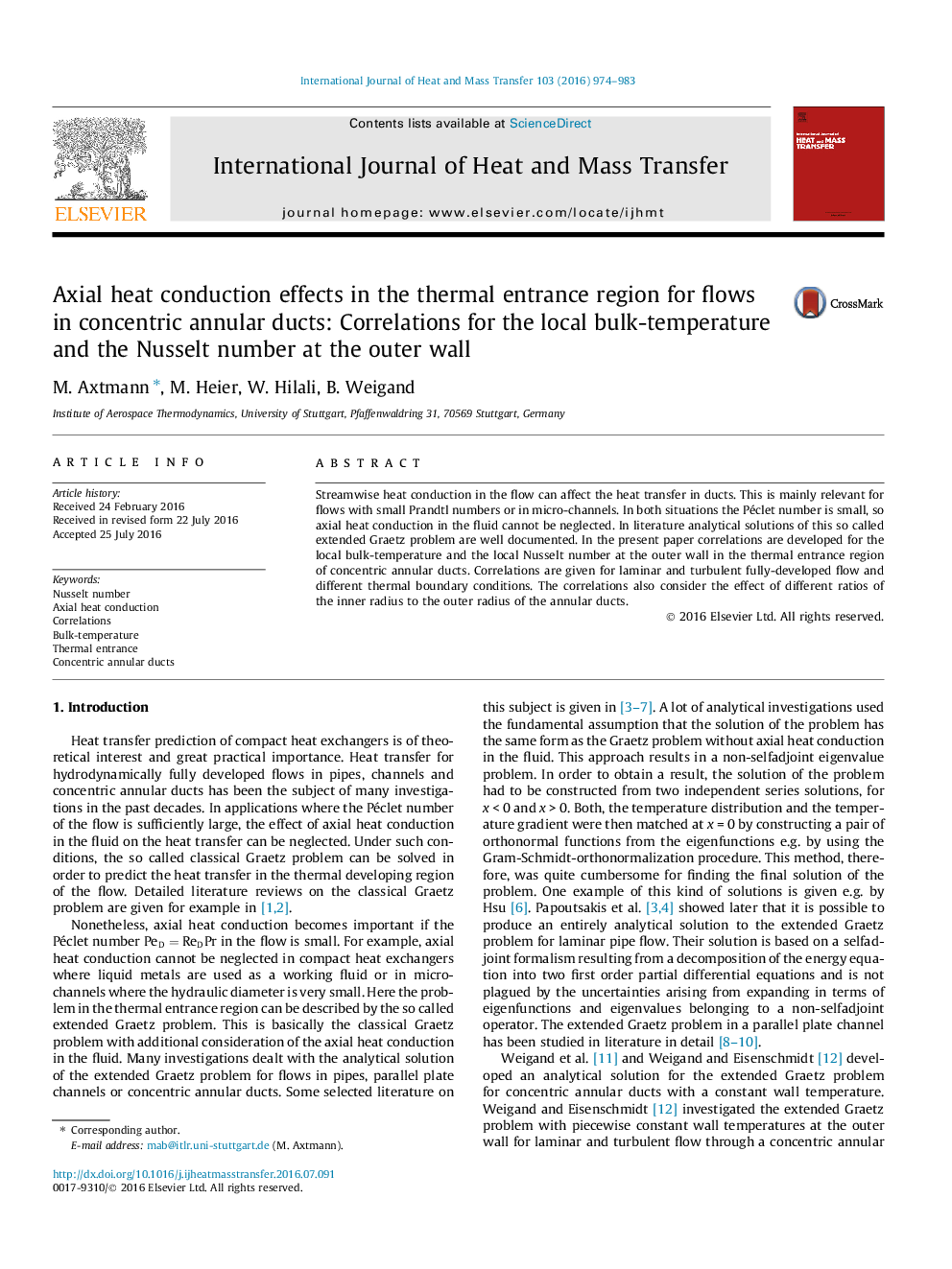 Axial heat conduction effects in the thermal entrance region for flows in concentric annular ducts: Correlations for the local bulk-temperature and the Nusselt number at the outer wall