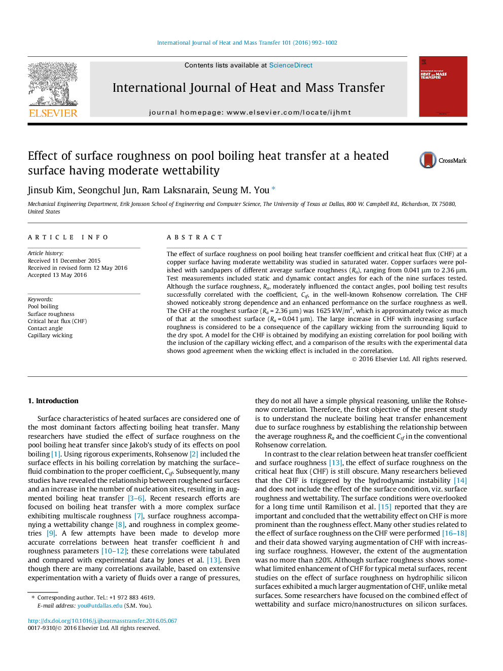 Effect of surface roughness on pool boiling heat transfer at a heated surface having moderate wettability