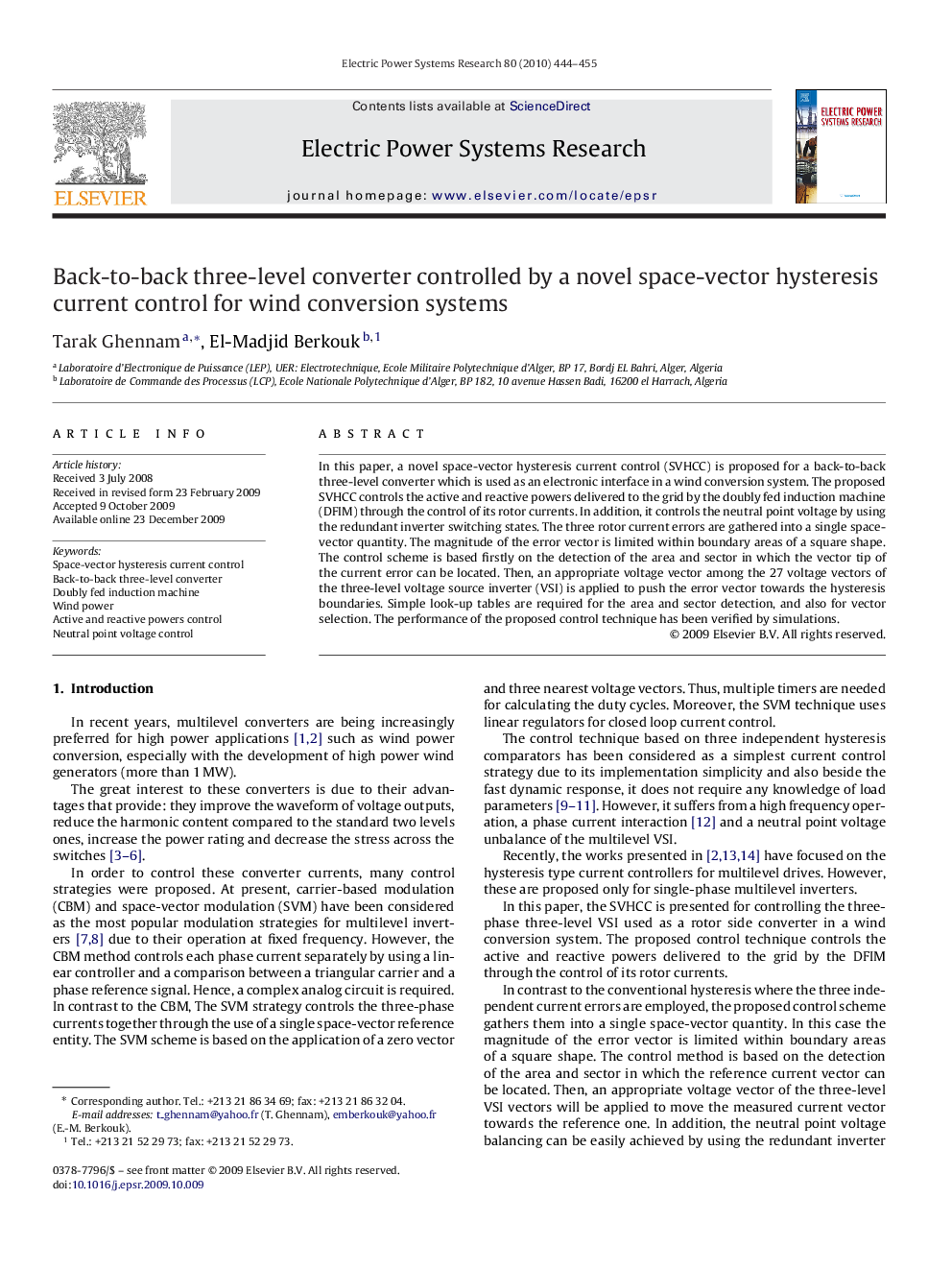 Back-to-back three-level converter controlled by a novel space-vector hysteresis current control for wind conversion systems