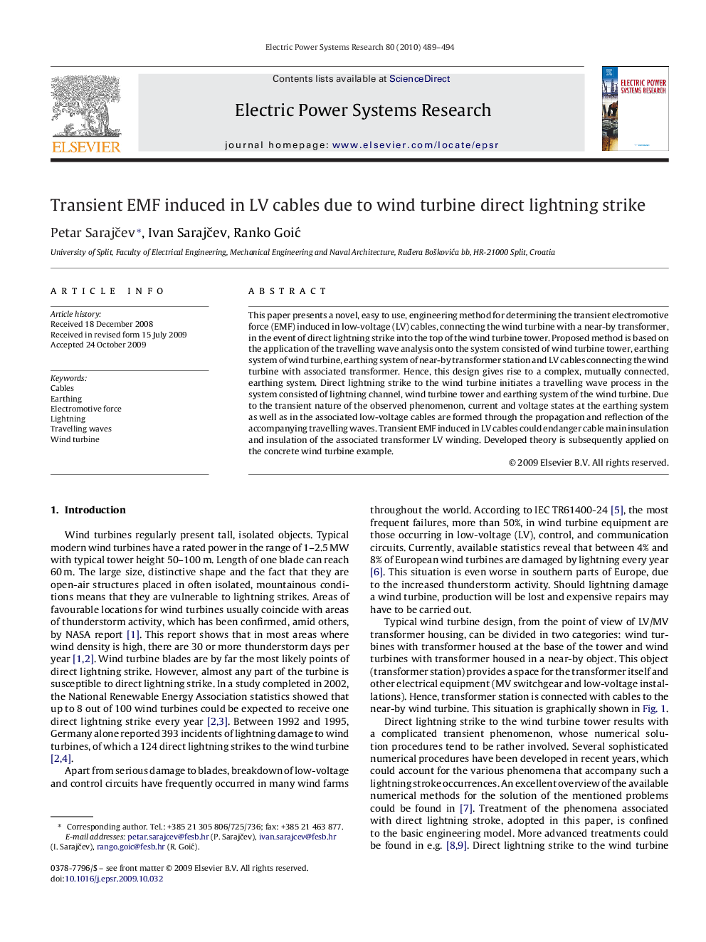 Transient EMF induced in LV cables due to wind turbine direct lightning strike