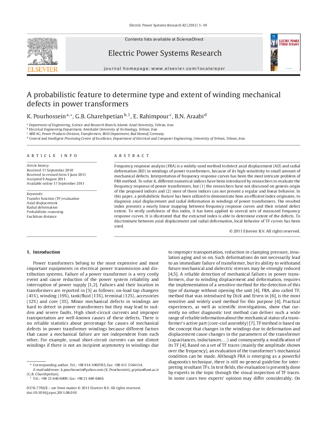 A probabilistic feature to determine type and extent of winding mechanical defects in power transformers