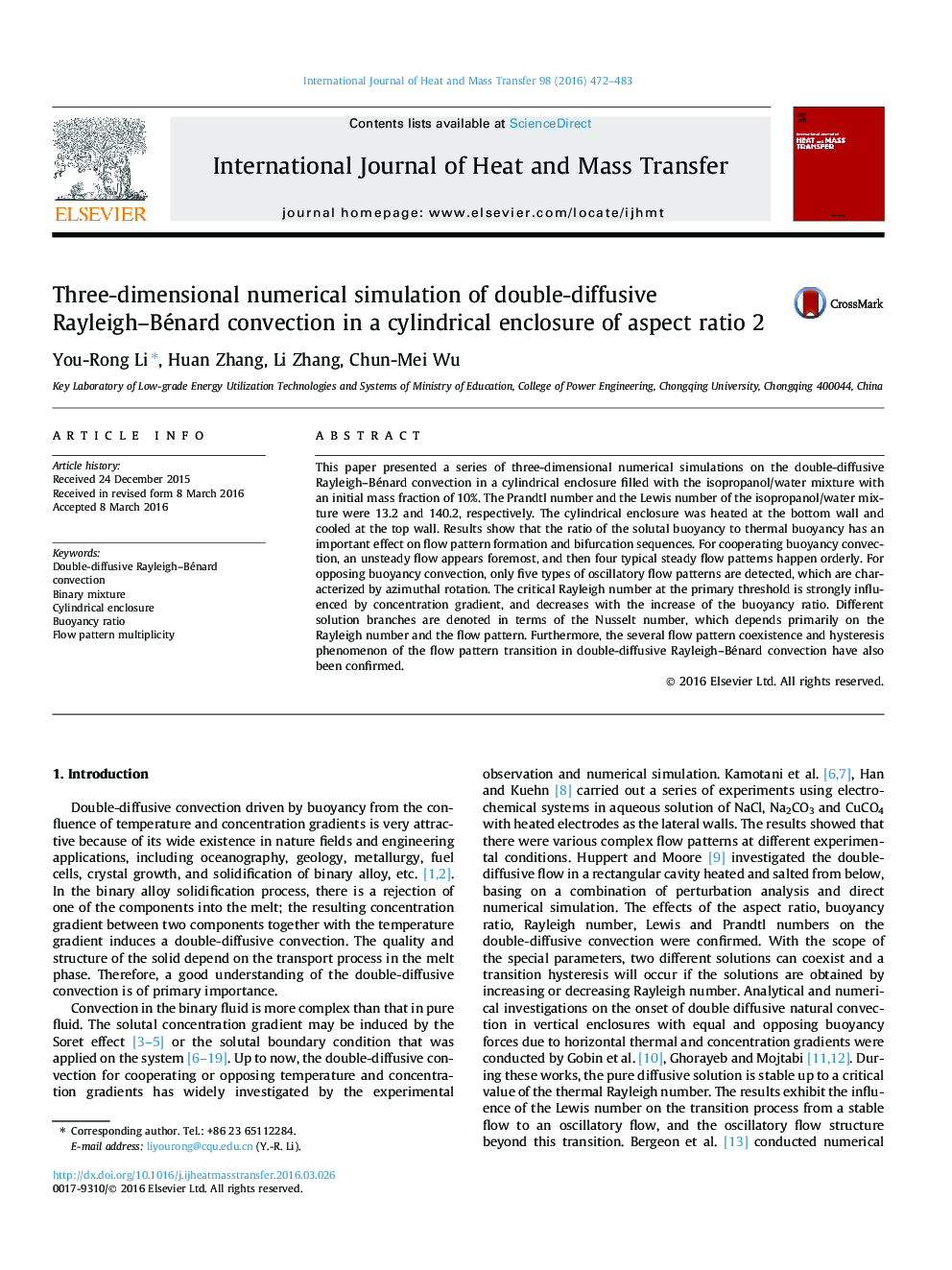 Three-dimensional numerical simulation of double-diffusive Rayleigh-Bénard convection in a cylindrical enclosure of aspect ratio 2