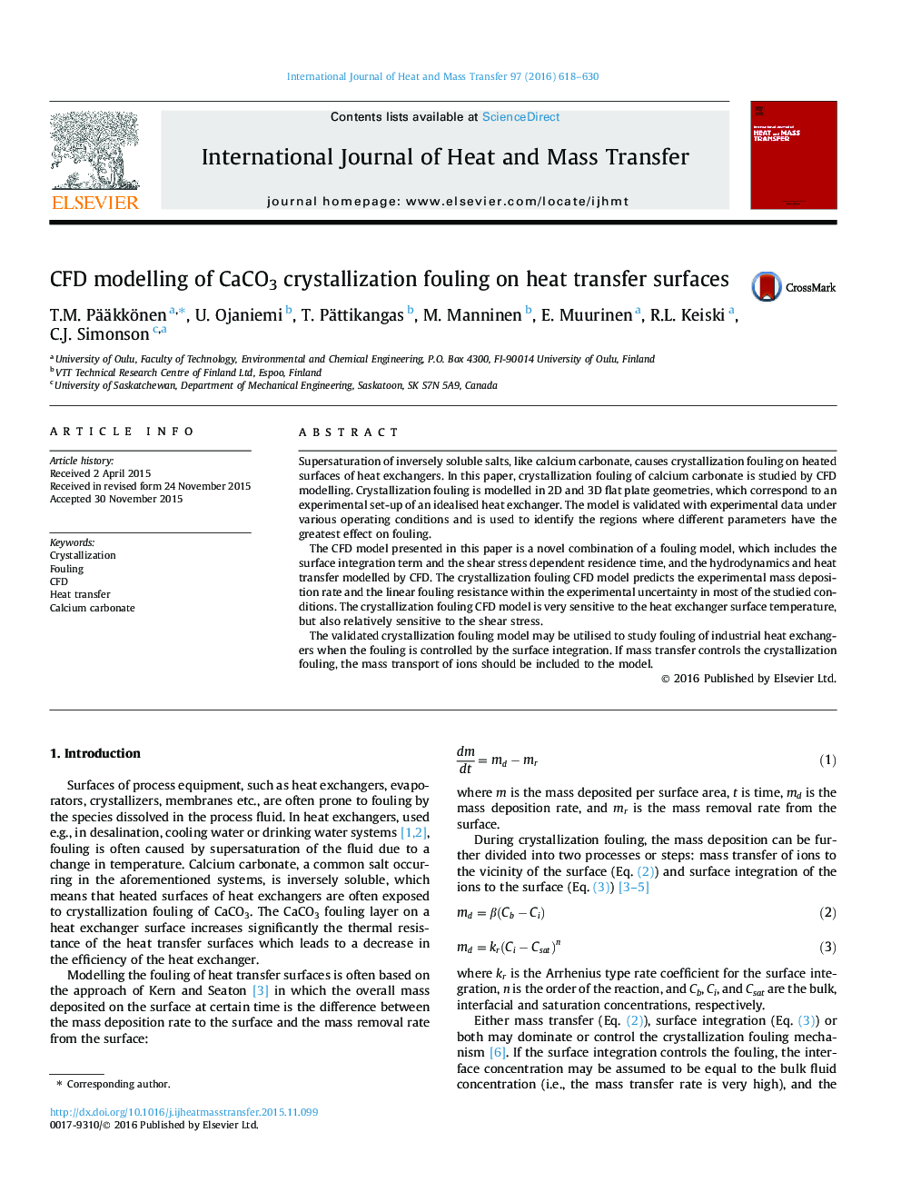 CFD modelling of CaCO3 crystallization fouling on heat transfer surfaces