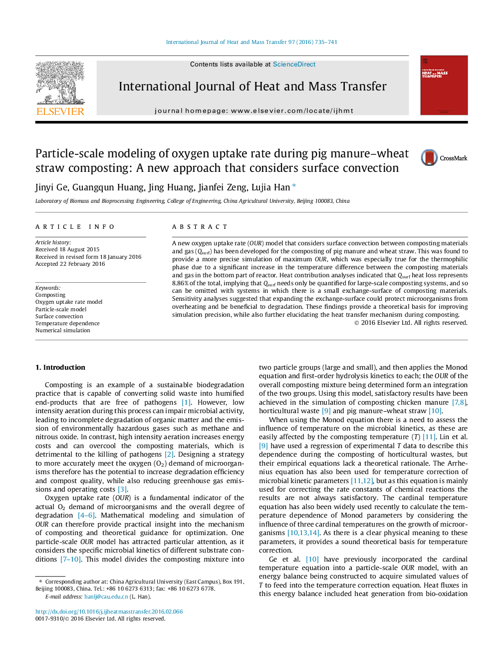 Particle-scale modeling of oxygen uptake rate during pig manure-wheat straw composting: A new approach that considers surface convection