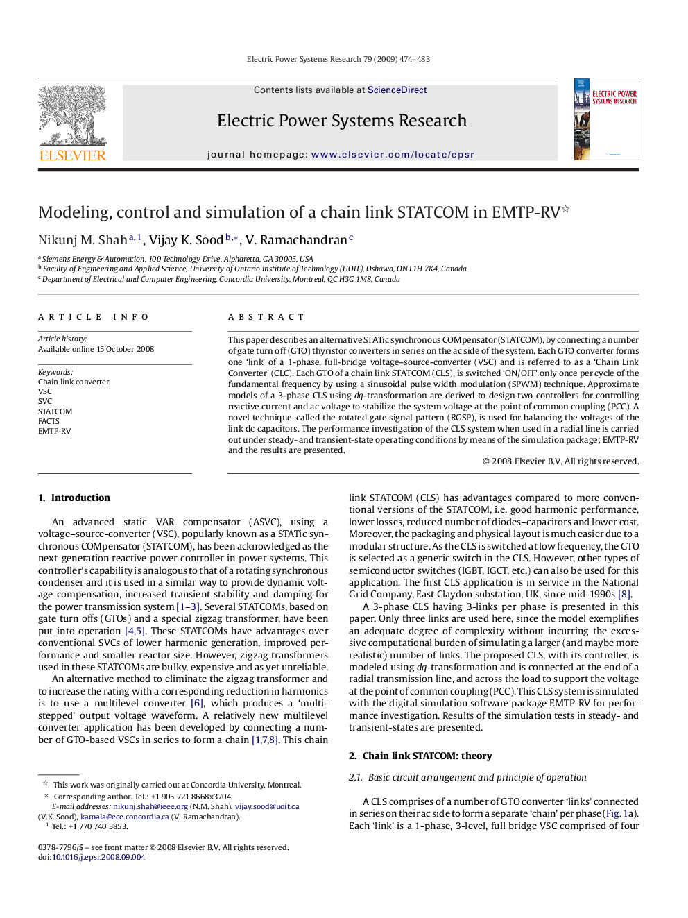 Modeling, control and simulation of a chain link STATCOM in EMTP-RV 