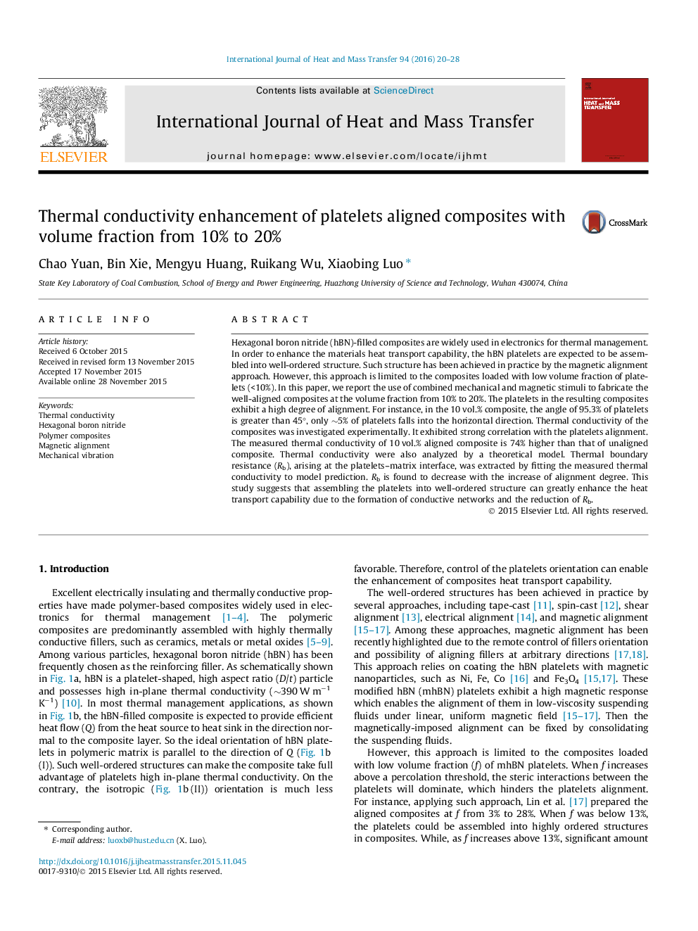 Thermal conductivity enhancement of platelets aligned composites with volume fraction from 10% to 20%