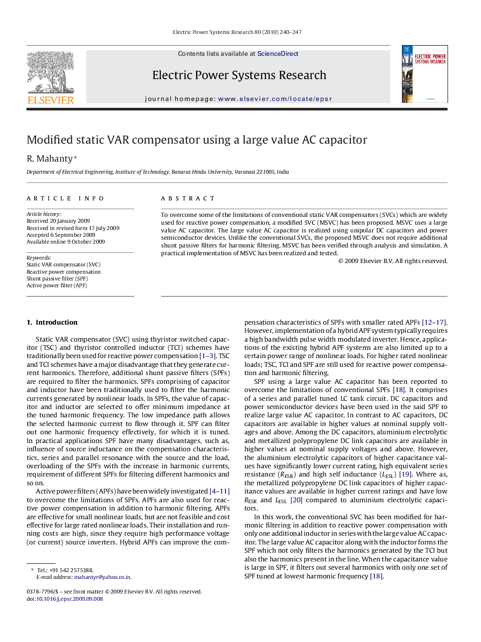 Modified static VAR compensator using a large value AC capacitor