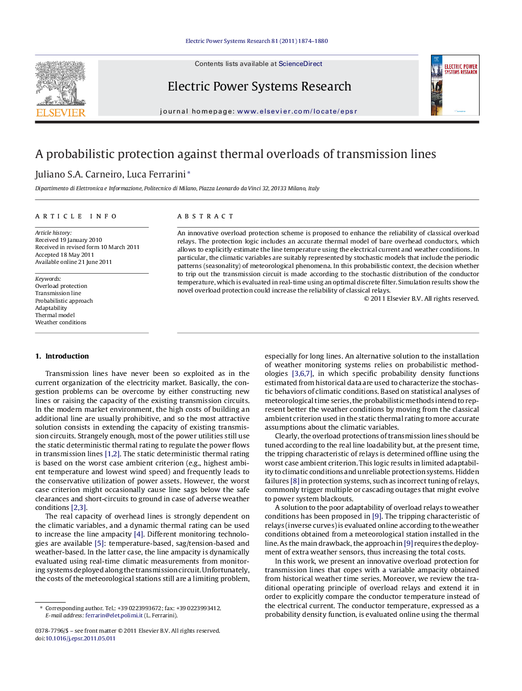 A probabilistic protection against thermal overloads of transmission lines