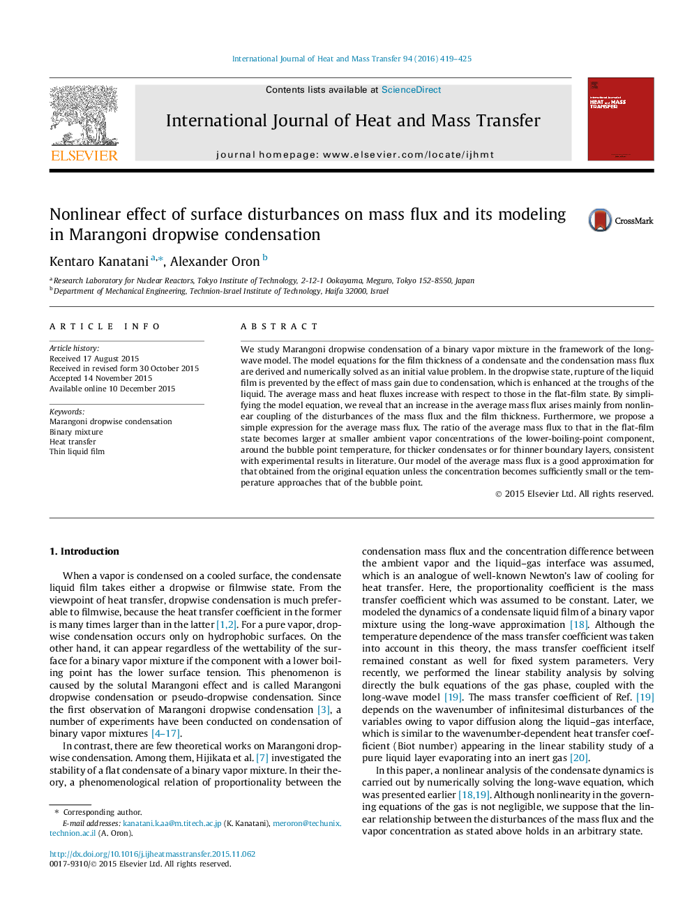 عکس صفحه اول مقاله: Nonlinear effect of surface disturbances on mass flux and its modeling in Marangoni dropwise condensation Nonlinear effect of surface disturbances on mass flux and its modeling in Marangoni dropwise condensation