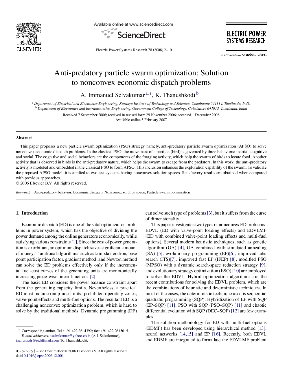 Anti-predatory particle swarm optimization: Solution to nonconvex economic dispatch problems