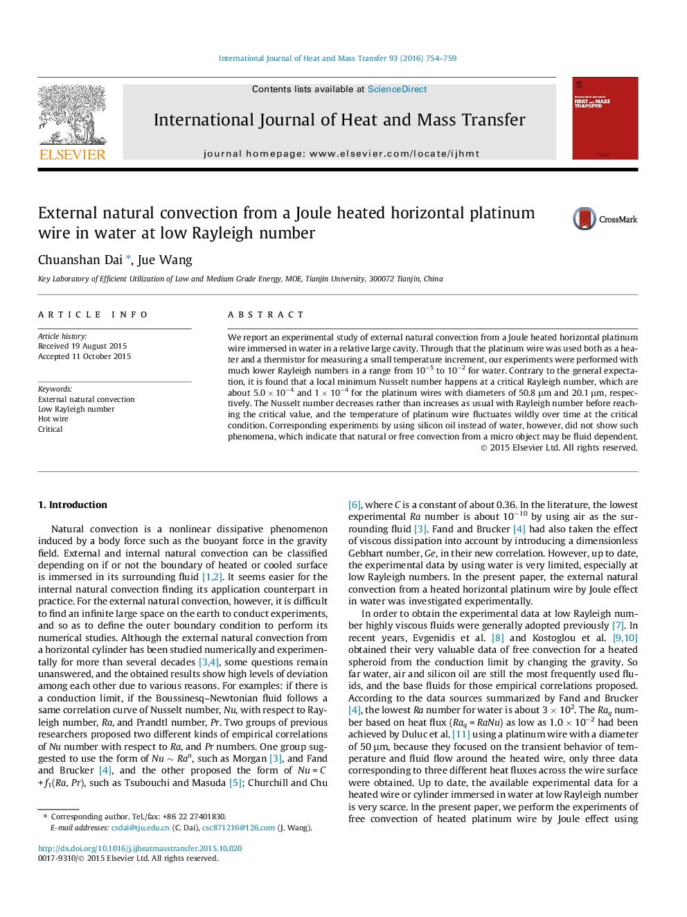 External natural convection from a Joule heated horizontal platinum wire in water at low Rayleigh number