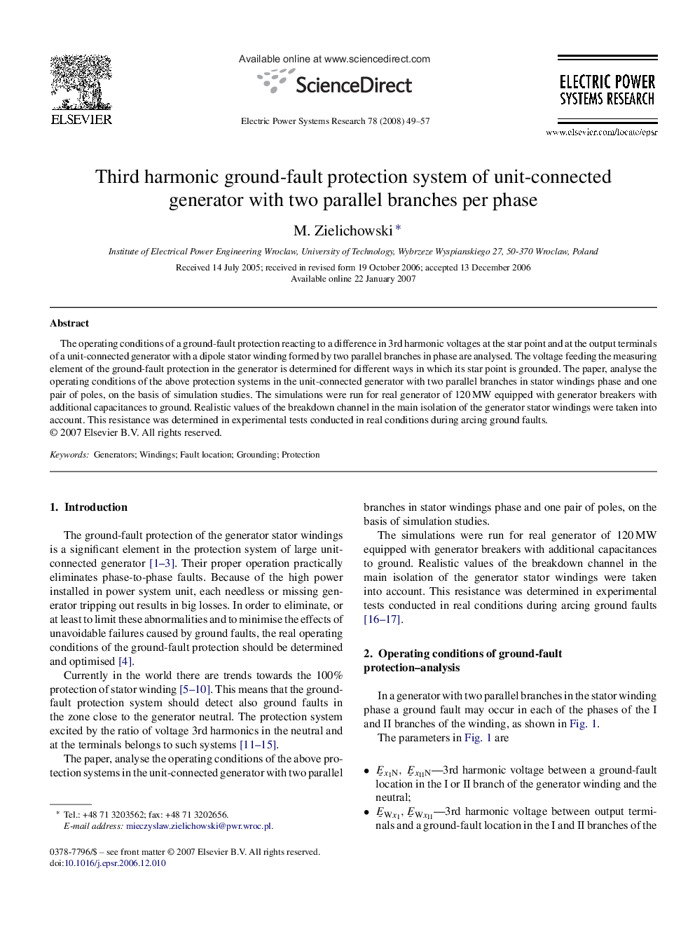 Third harmonic ground-fault protection system of unit-connected generator with two parallel branches per phase