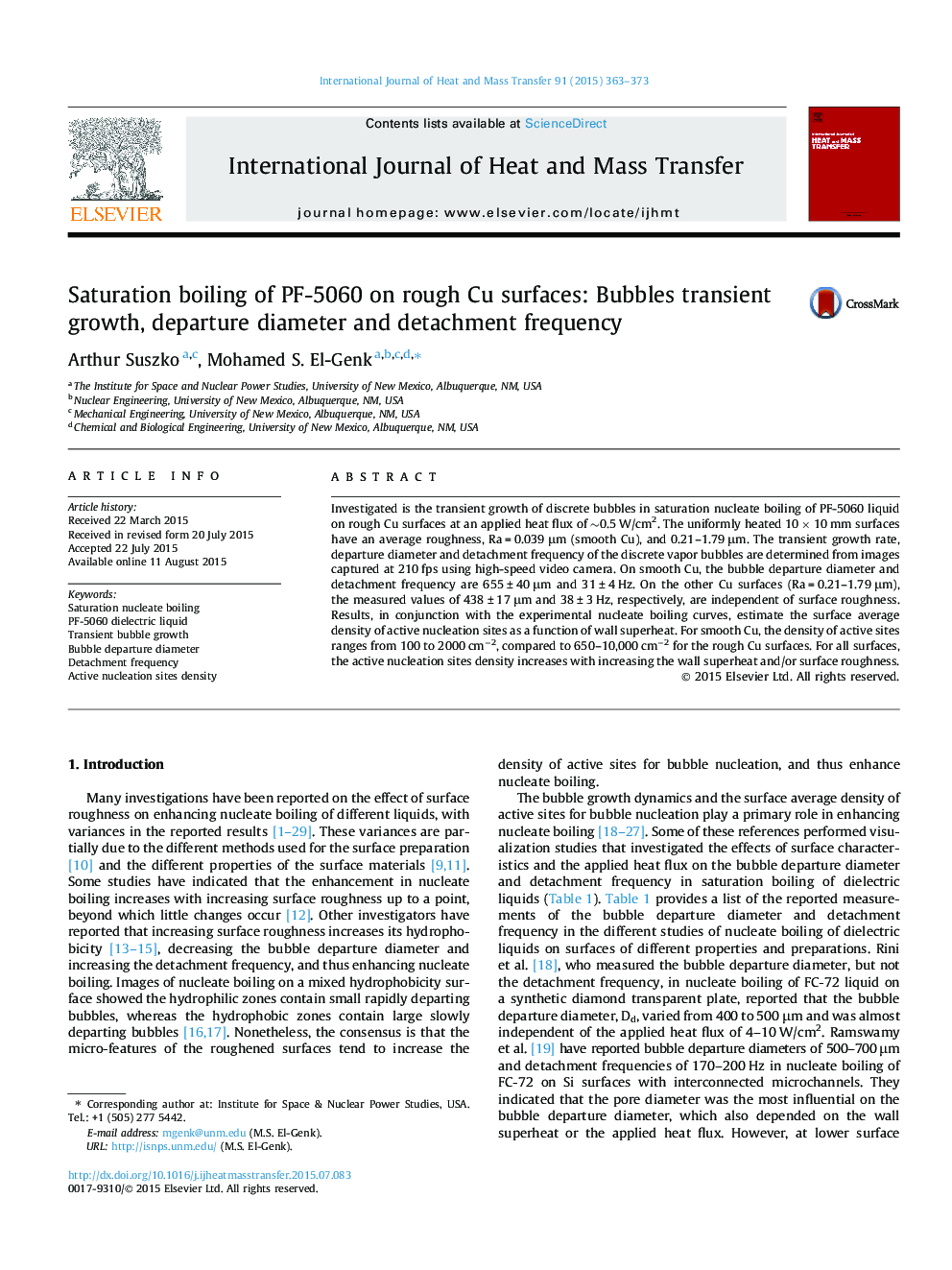 Saturation boiling of PF-5060 on rough Cu surfaces: Bubbles transient growth, departure diameter and detachment frequency