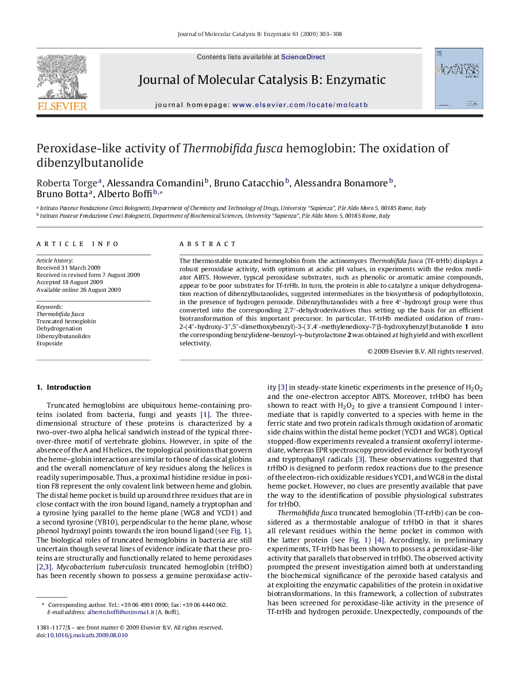 Peroxidase-like activity of Thermobifida fusca hemoglobin: The oxidation of dibenzylbutanolide