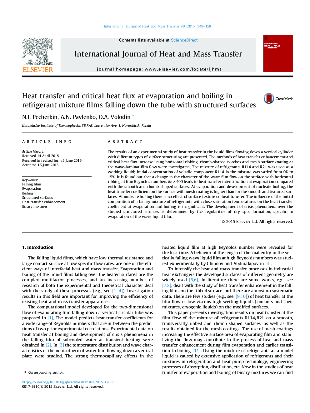 Heat transfer and critical heat flux at evaporation and boiling in refrigerant mixture films falling down the tube with structured surfaces