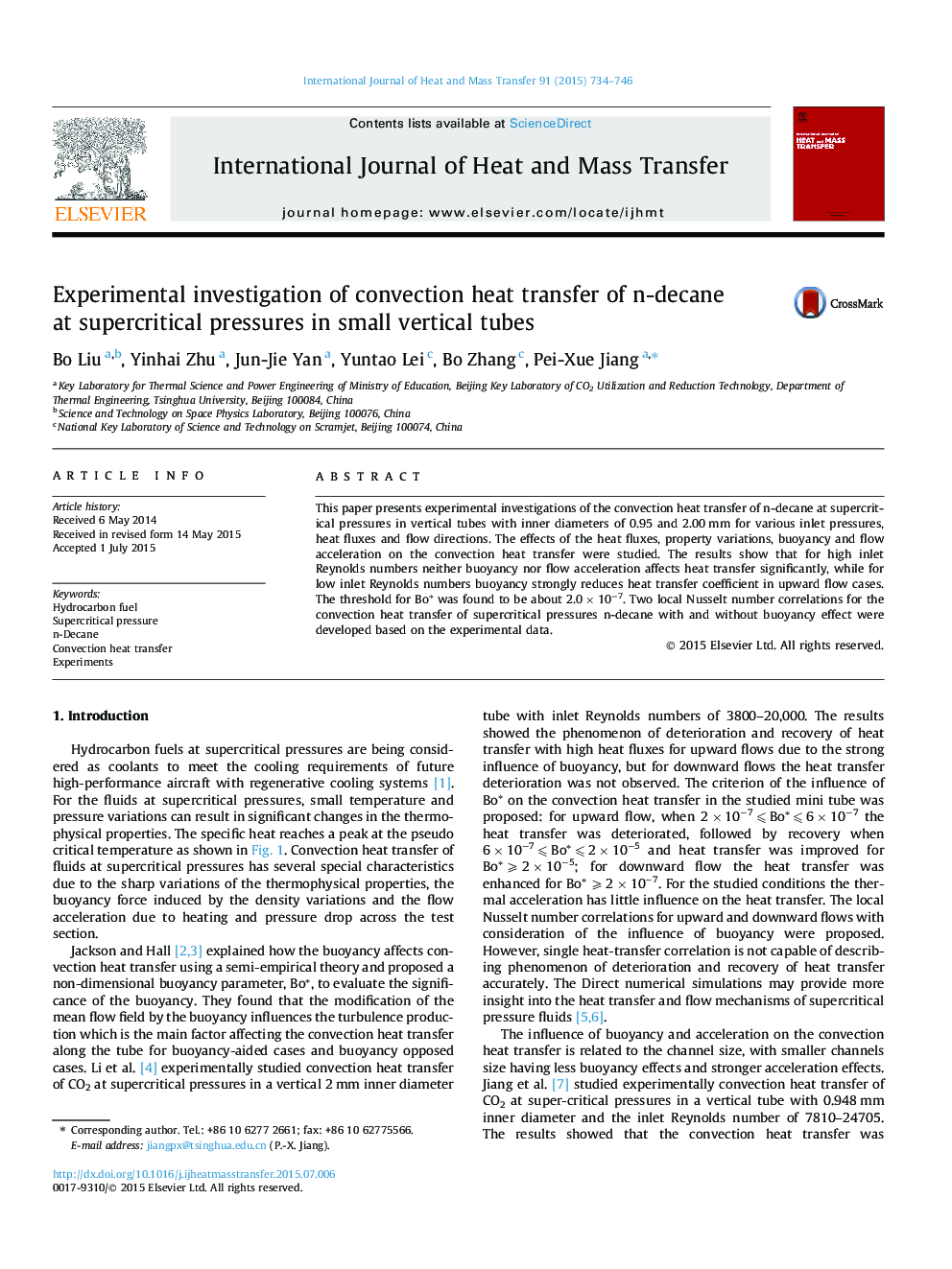 Experimental investigation of convection heat transfer of n-decane at supercritical pressures in small vertical tubes