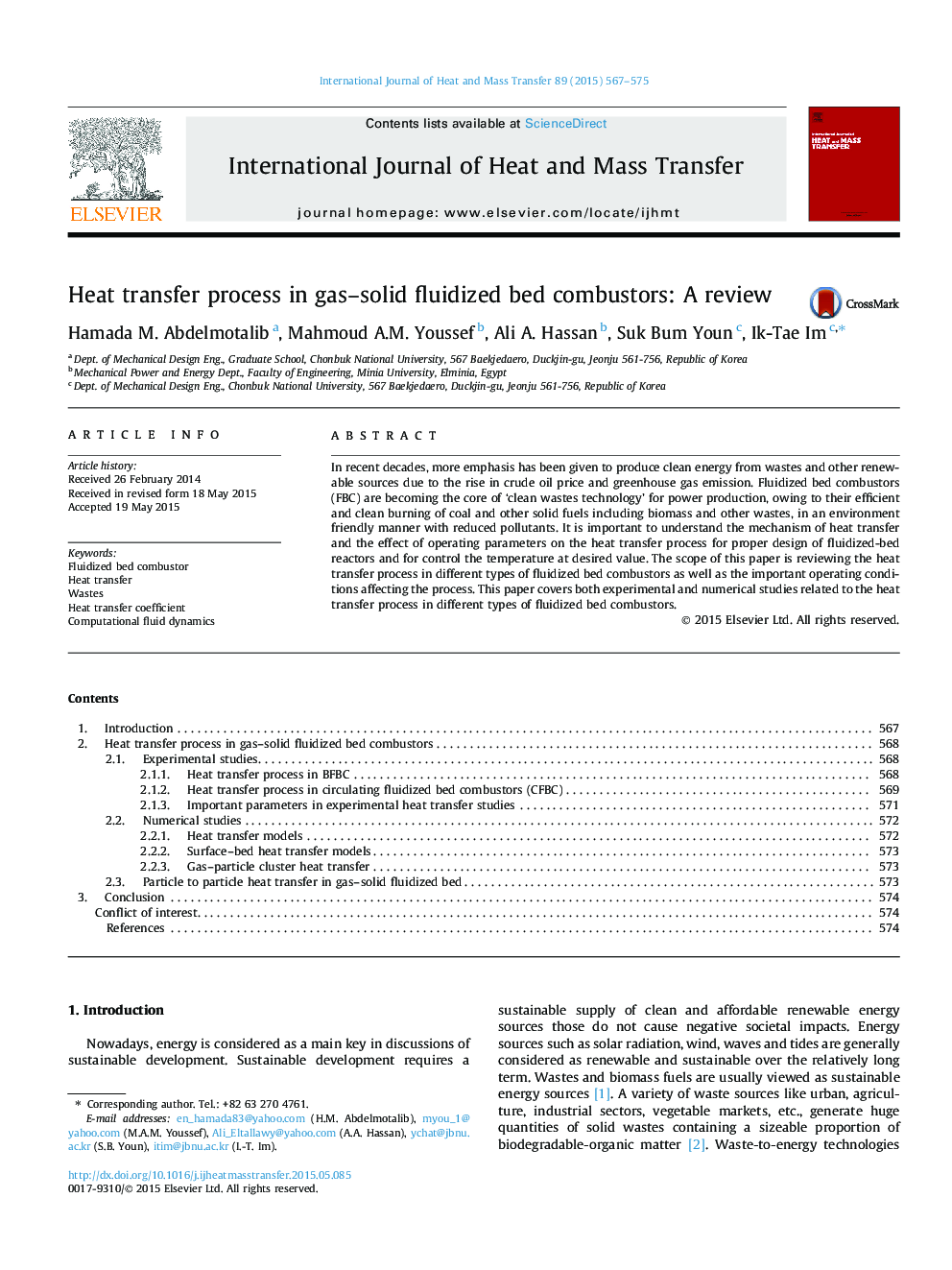 Heat transfer process in gas-solid fluidized bed combustors: A review