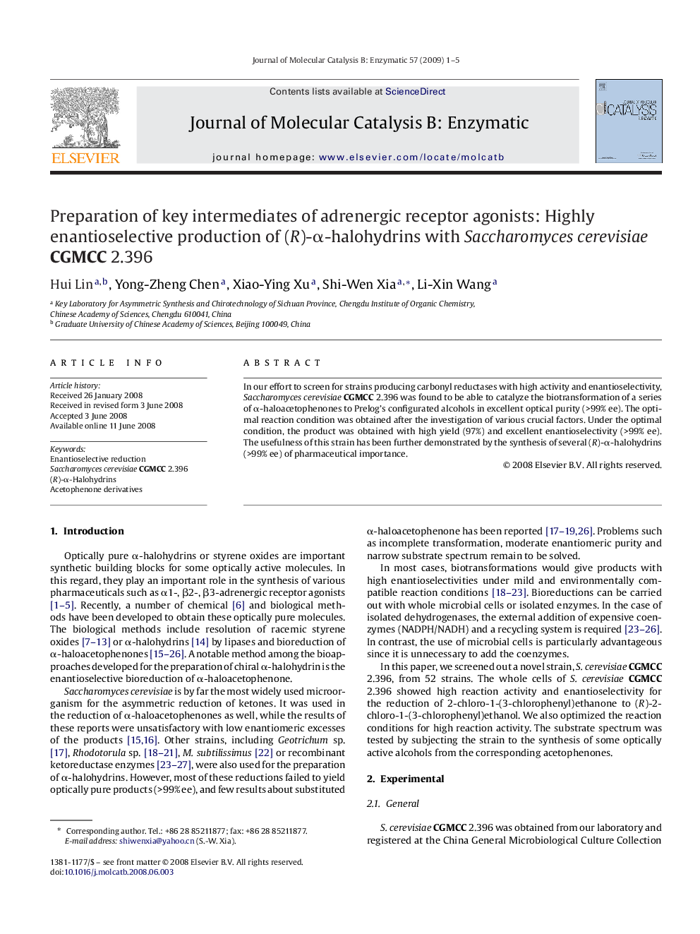 Preparation of key intermediates of adrenergic receptor agonists: Highly enantioselective production of (R)-α-halohydrins with Saccharomyces cerevisiaeCGMCC 2.396