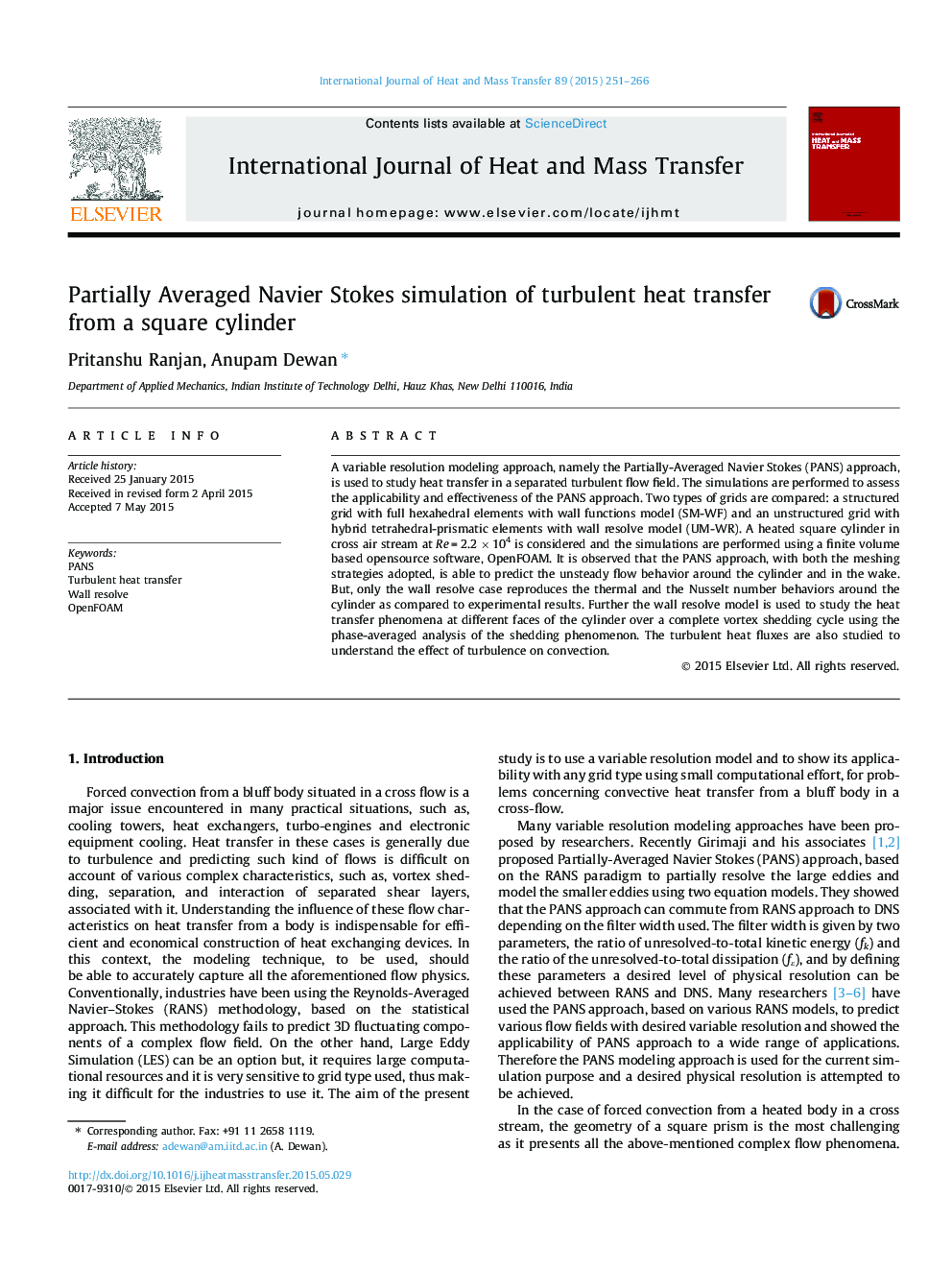 Partially Averaged Navier Stokes simulation of turbulent heat transfer from a square cylinder