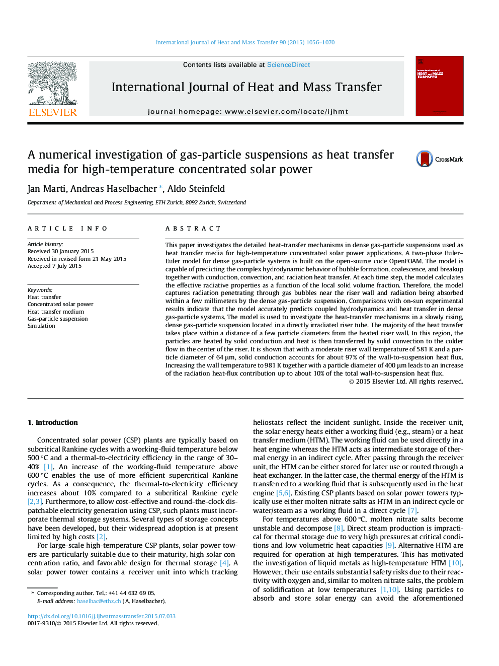 A numerical investigation of gas-particle suspensions as heat transfer media for high-temperature concentrated solar power