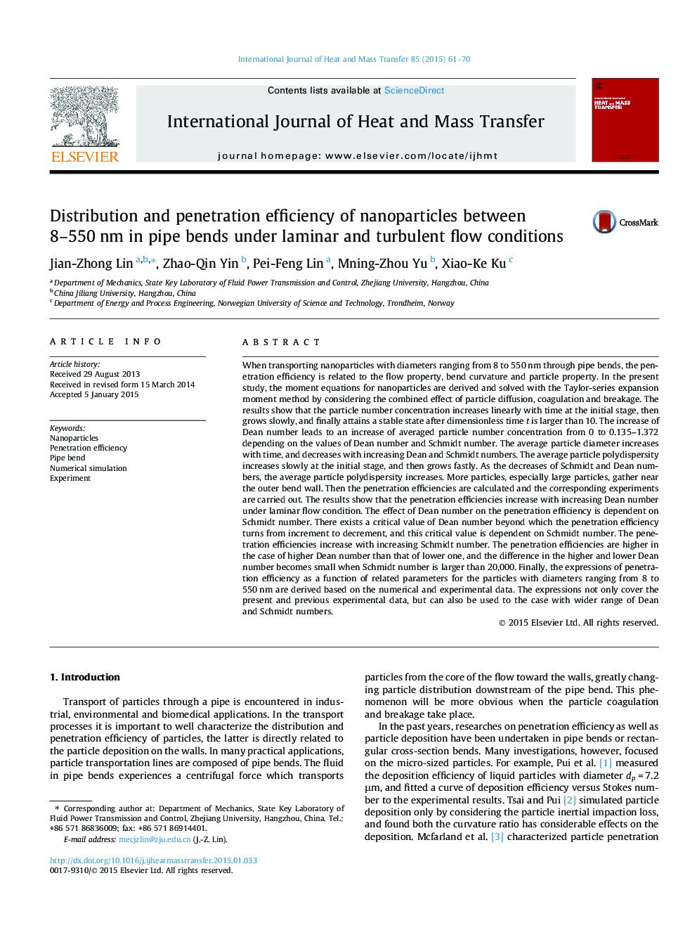 Distribution and penetration efficiency of nanoparticles between 8-550Â nm in pipe bends under laminar and turbulent flow conditions