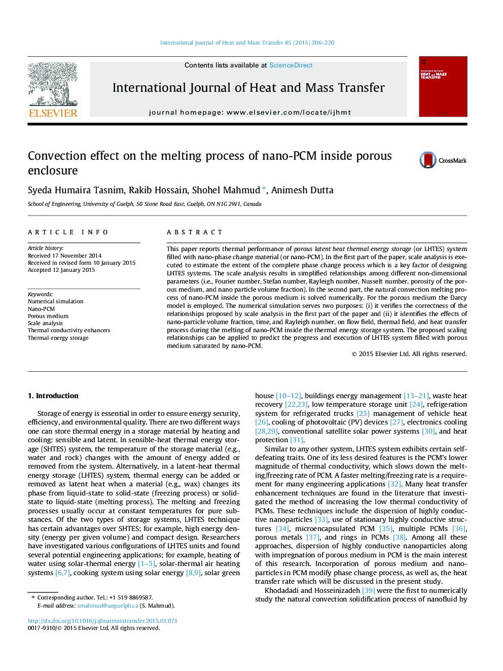 عکس صفحه اول مقاله: Convection effect on the melting process of nano-PCM inside porous enclosure Convection effect on the melting process of nano-PCM inside porous enclosure