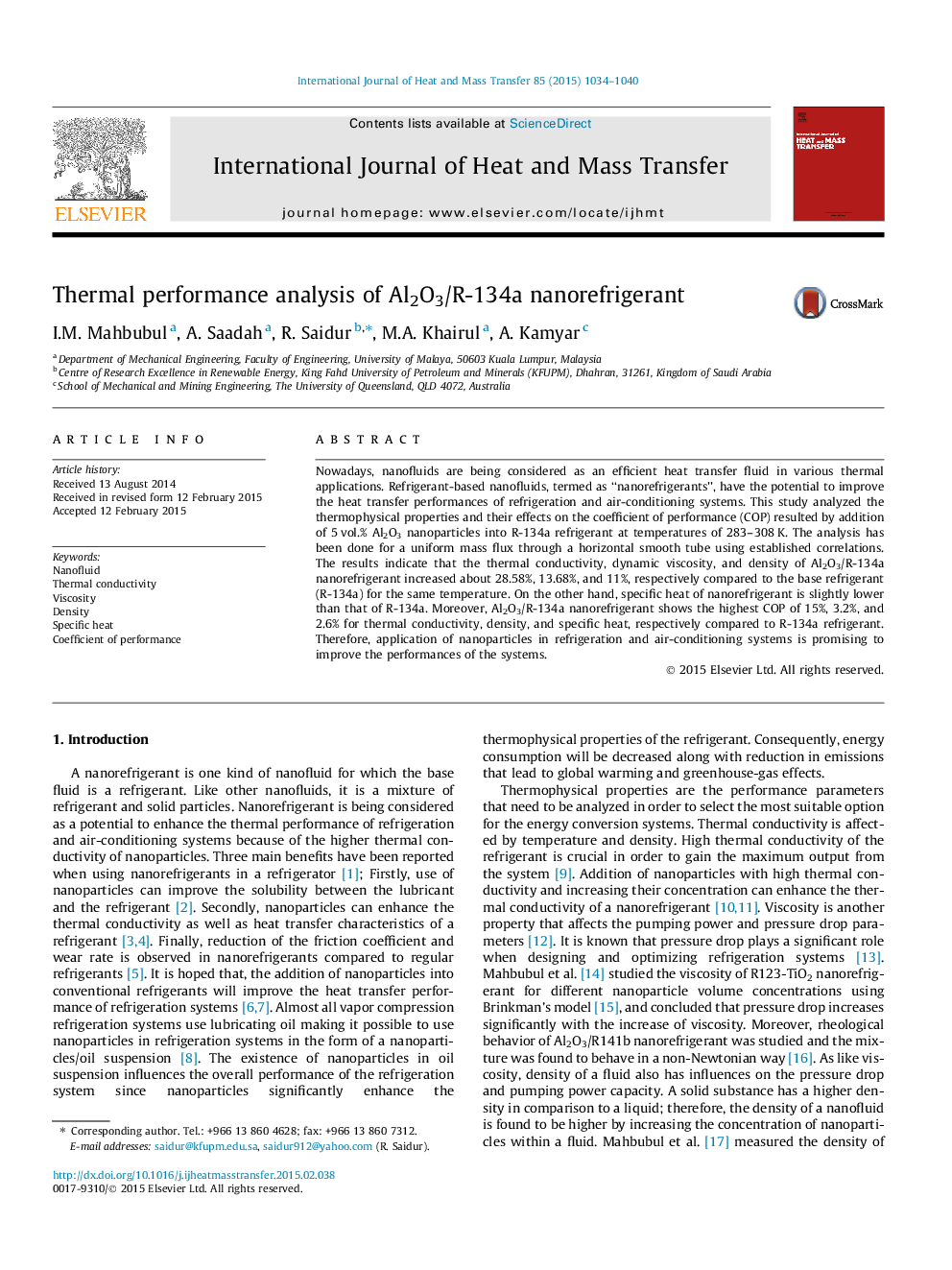 Thermal performance analysis of Al2O3/R-134a nanorefrigerant