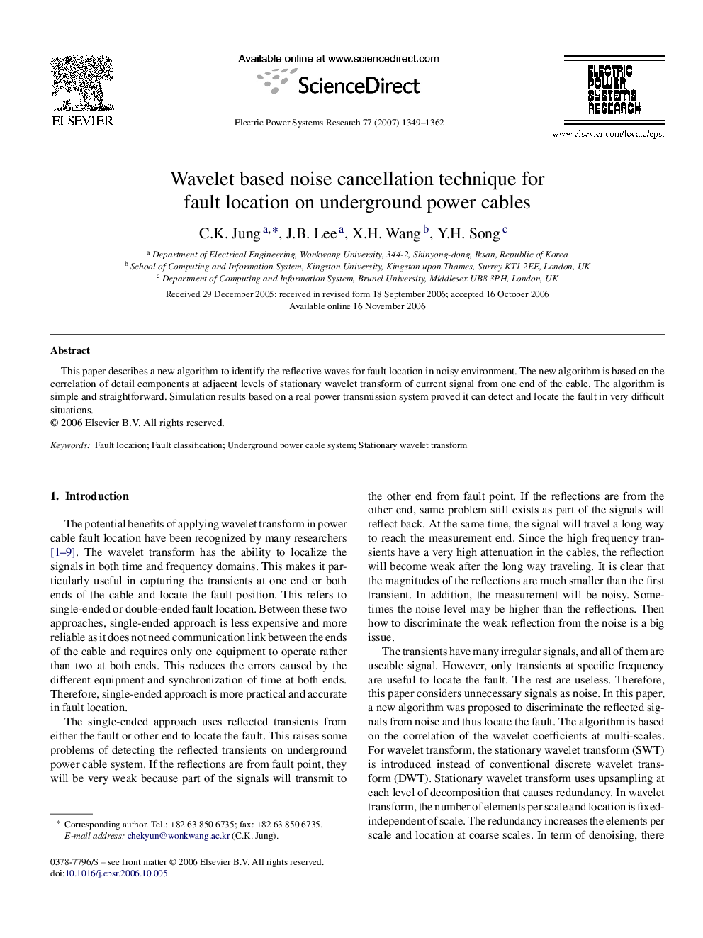 Wavelet based noise cancellation technique for fault location on underground power cables