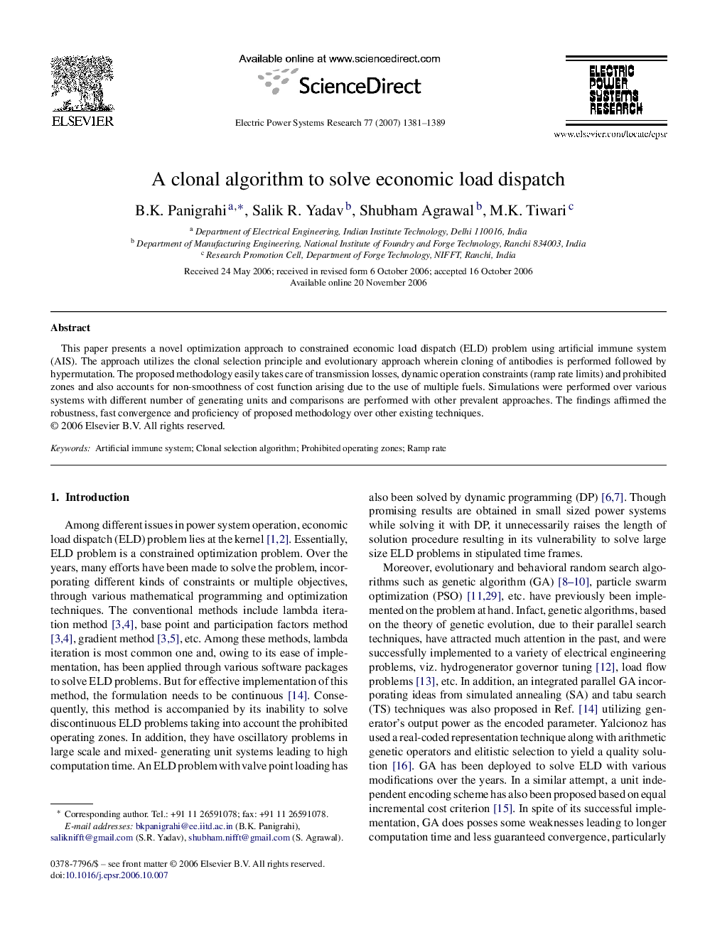 A clonal algorithm to solve economic load dispatch