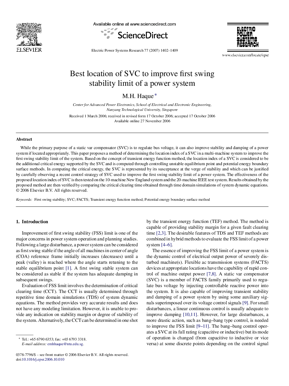 Best location of SVC to improve first swing stability limit of a power system