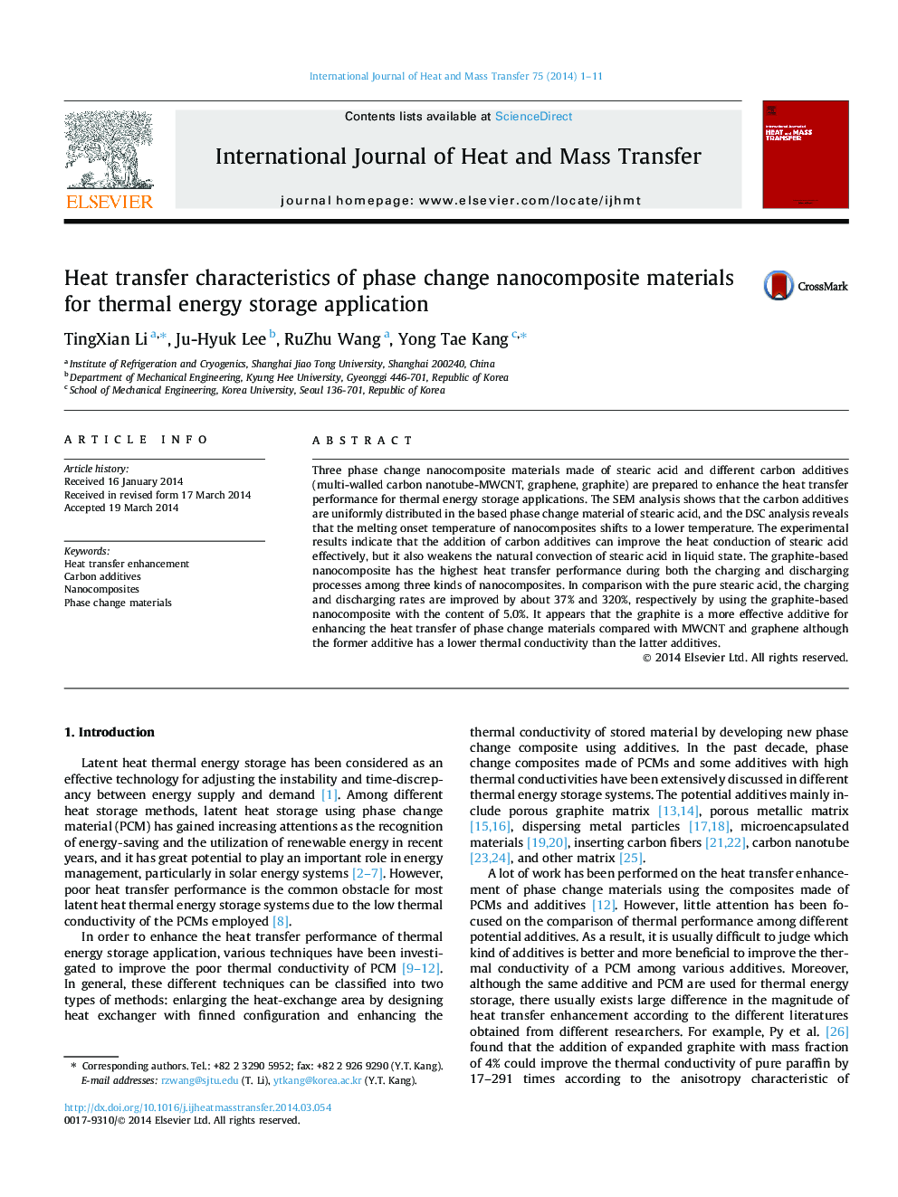 ویژگی های انتقال حرارت مواد نانوکامپوزیتی تغییر فاز برای برنامه ذخیره سازی انرژی حرارتی 