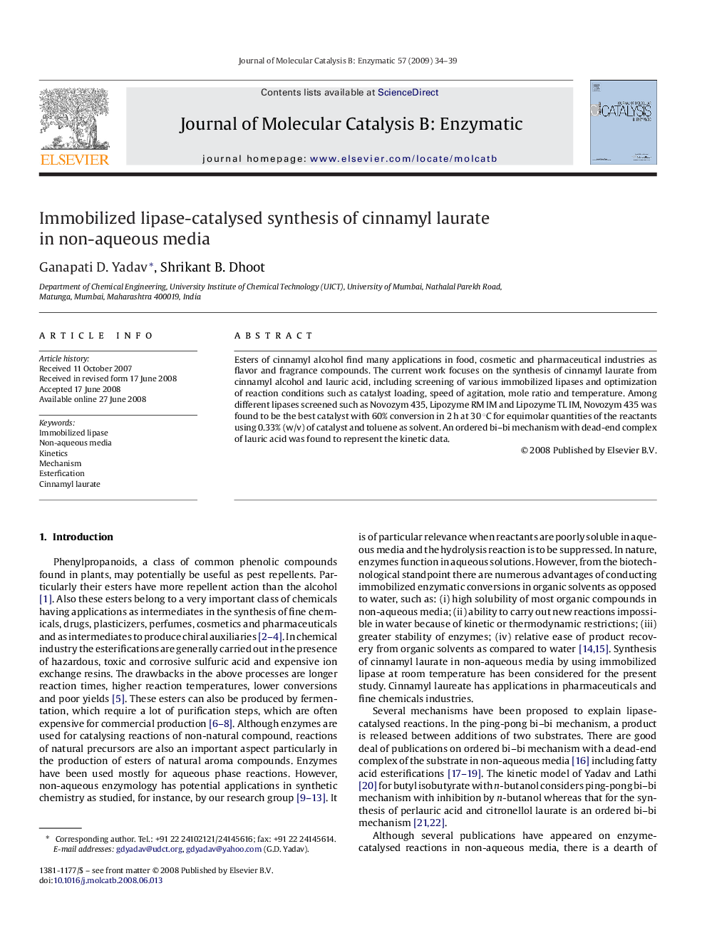 Immobilized lipase-catalysed synthesis of cinnamyl laurate in non-aqueous media