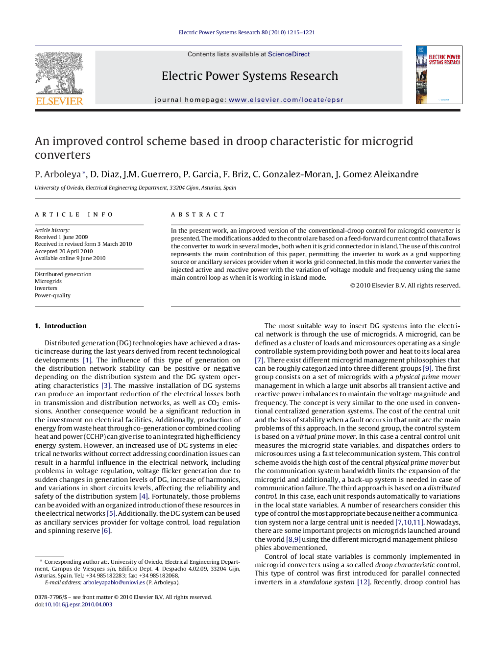 An improved control scheme based in droop characteristic for microgrid converters