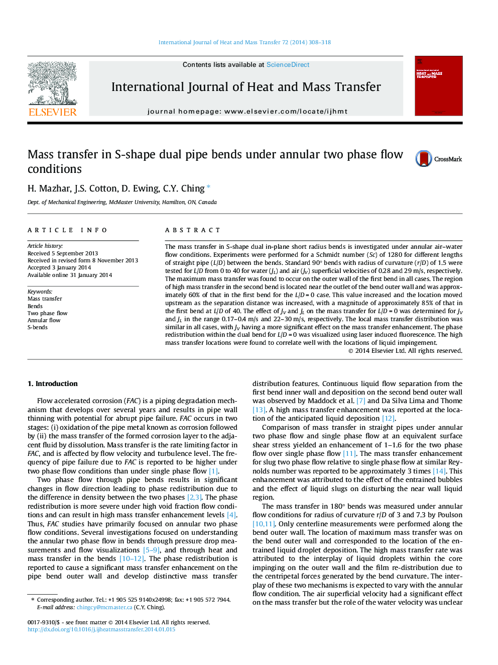 Mass transfer in S-shape dual pipe bends under annular two phase flow conditions