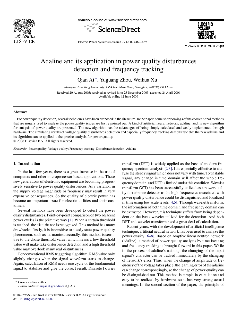 Adaline and its application in power quality disturbances detection and frequency tracking