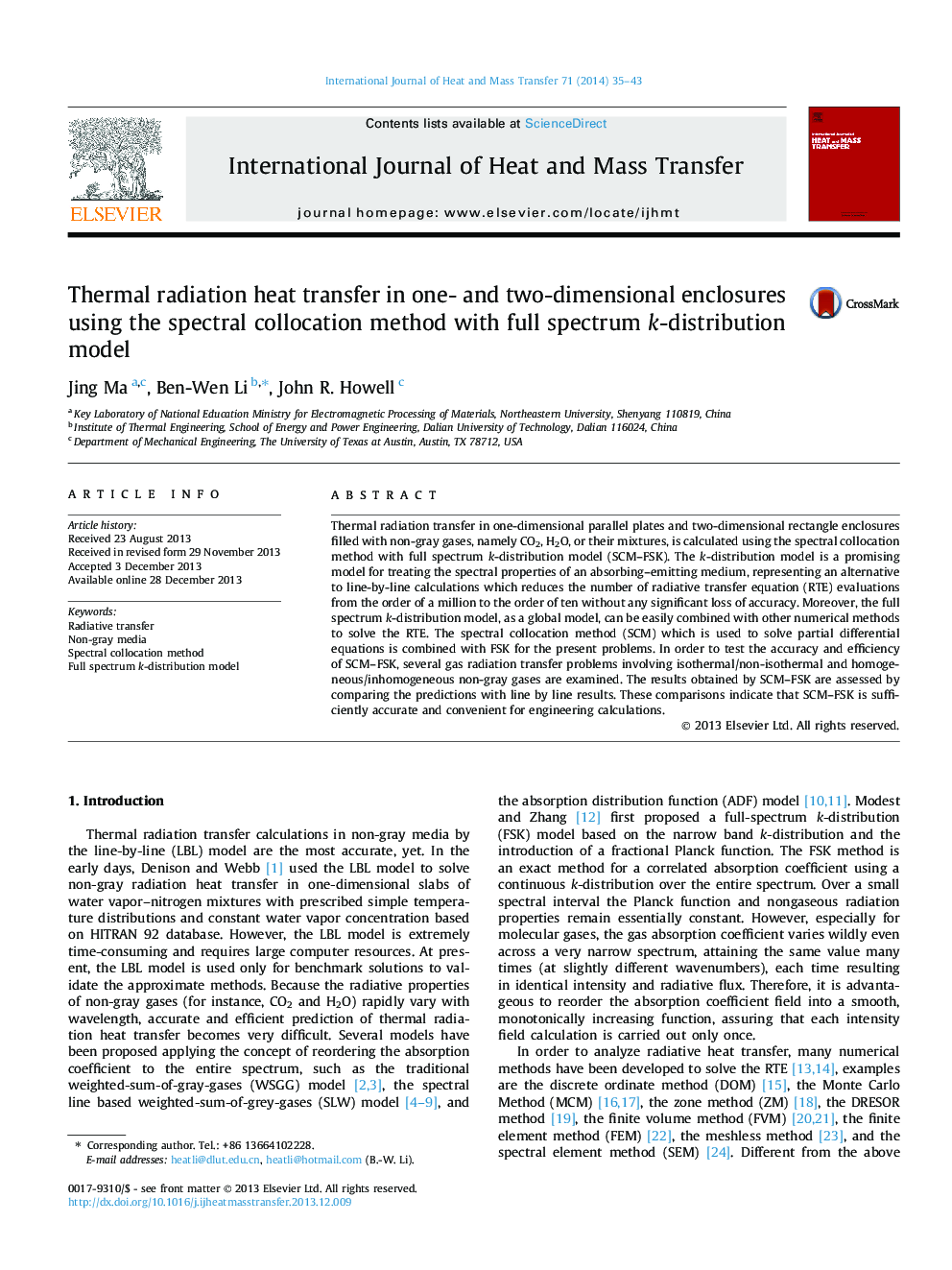 Thermal radiation heat transfer in one- and two-dimensional enclosures using the spectral collocation method with full spectrum k-distribution model