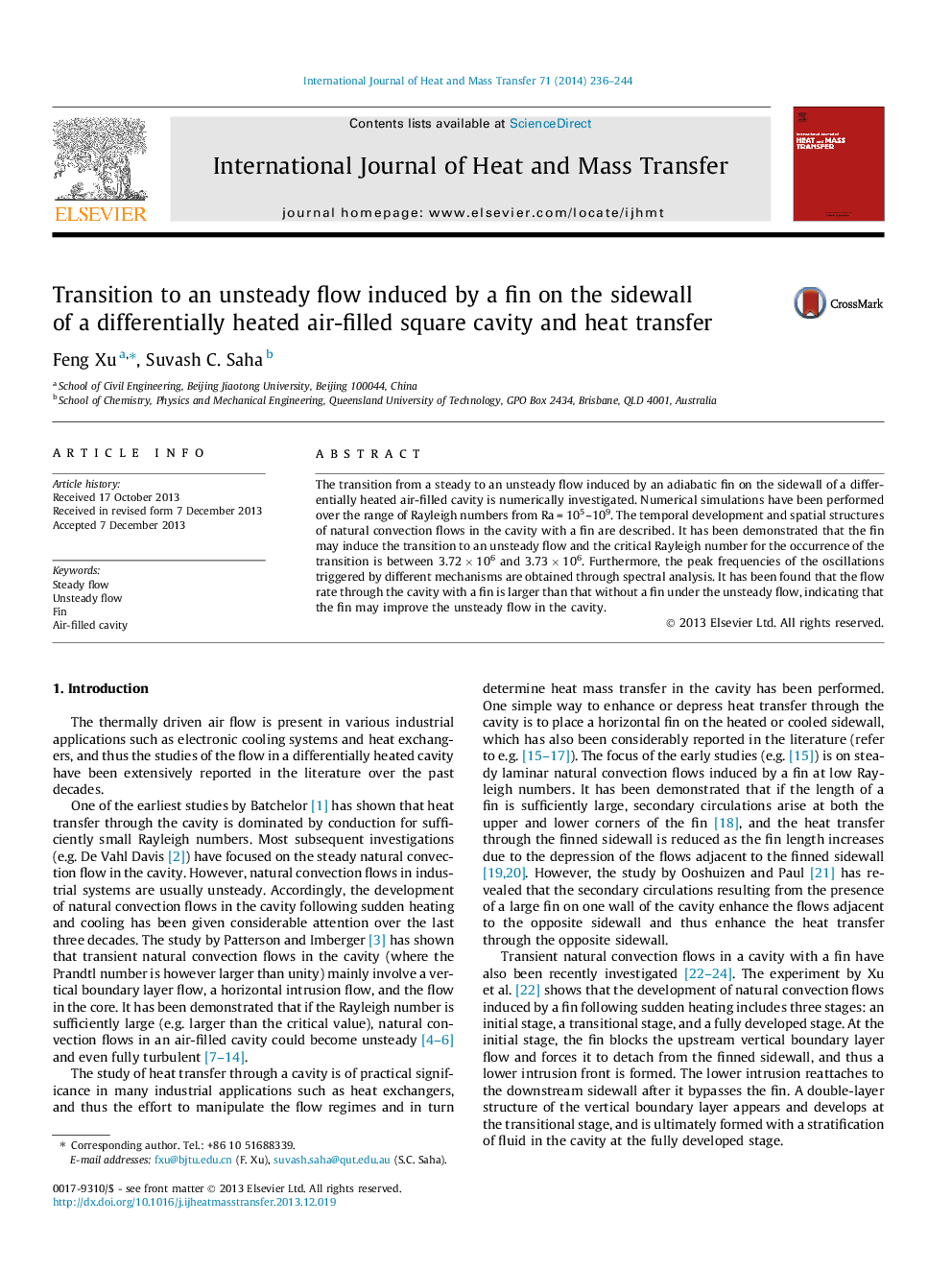 Transition to an unsteady flow induced by a fin on the sidewall of a differentially heated air-filled square cavity and heat transfer