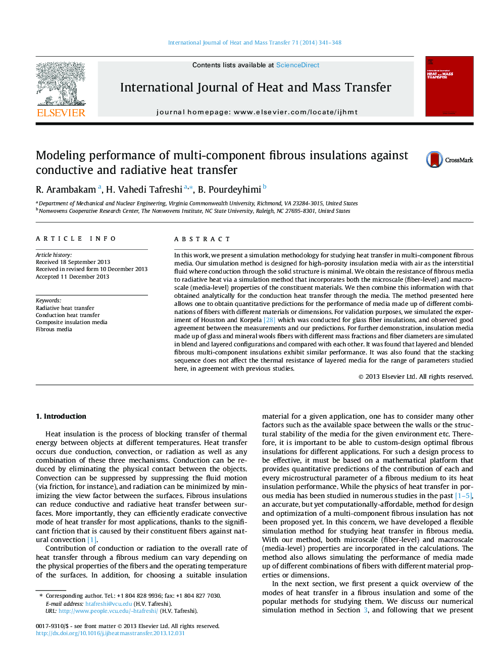 Modeling performance of multi-component fibrous insulations against conductive and radiative heat transfer