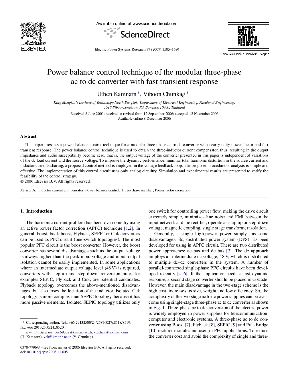 Power balance control technique of the modular three-phase ac to dc converter with fast transient response