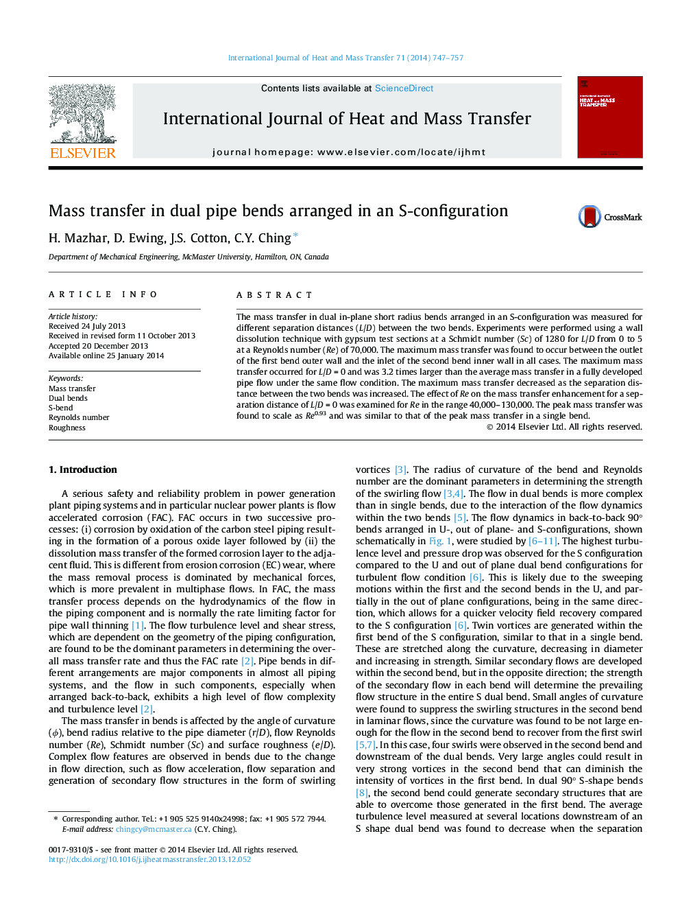 Mass transfer in dual pipe bends arranged in an S-configuration