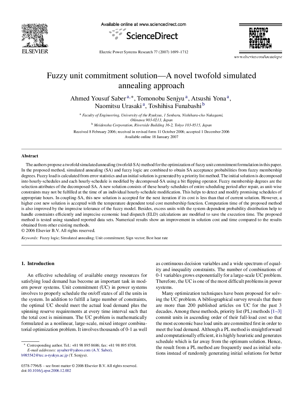 Fuzzy unit commitment solution—A novel twofold simulated annealing approach