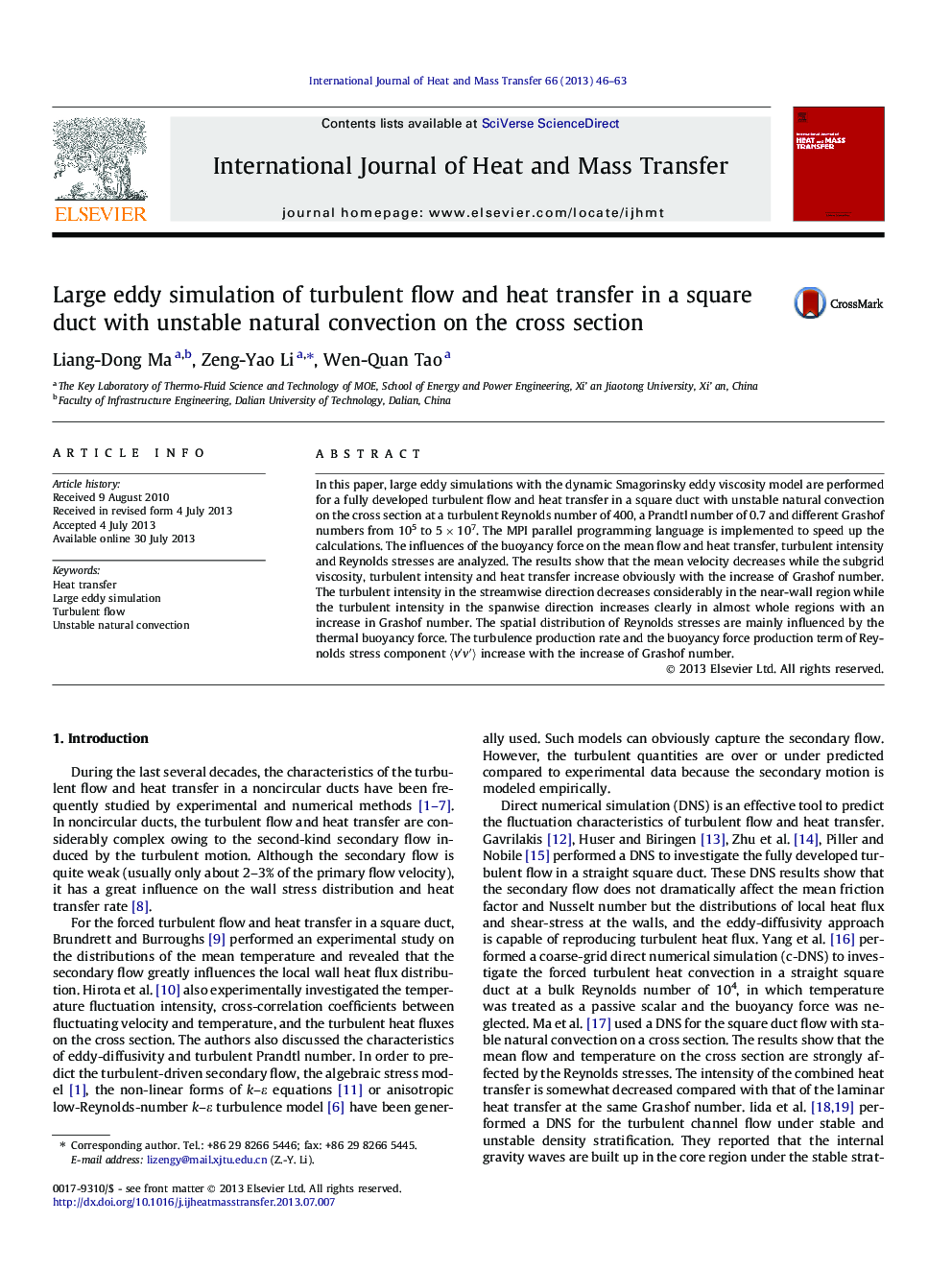 Large eddy simulation of turbulent flow and heat transfer in a square duct with unstable natural convection on the cross section