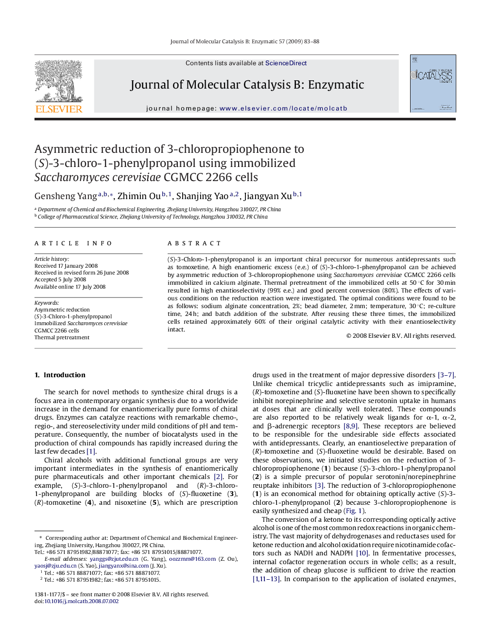 Asymmetric reduction of 3-chloropropiophenone to (S)-3-chloro-1-phenylpropanol using immobilized Saccharomyces cerevisiae CGMCC 2266 cells