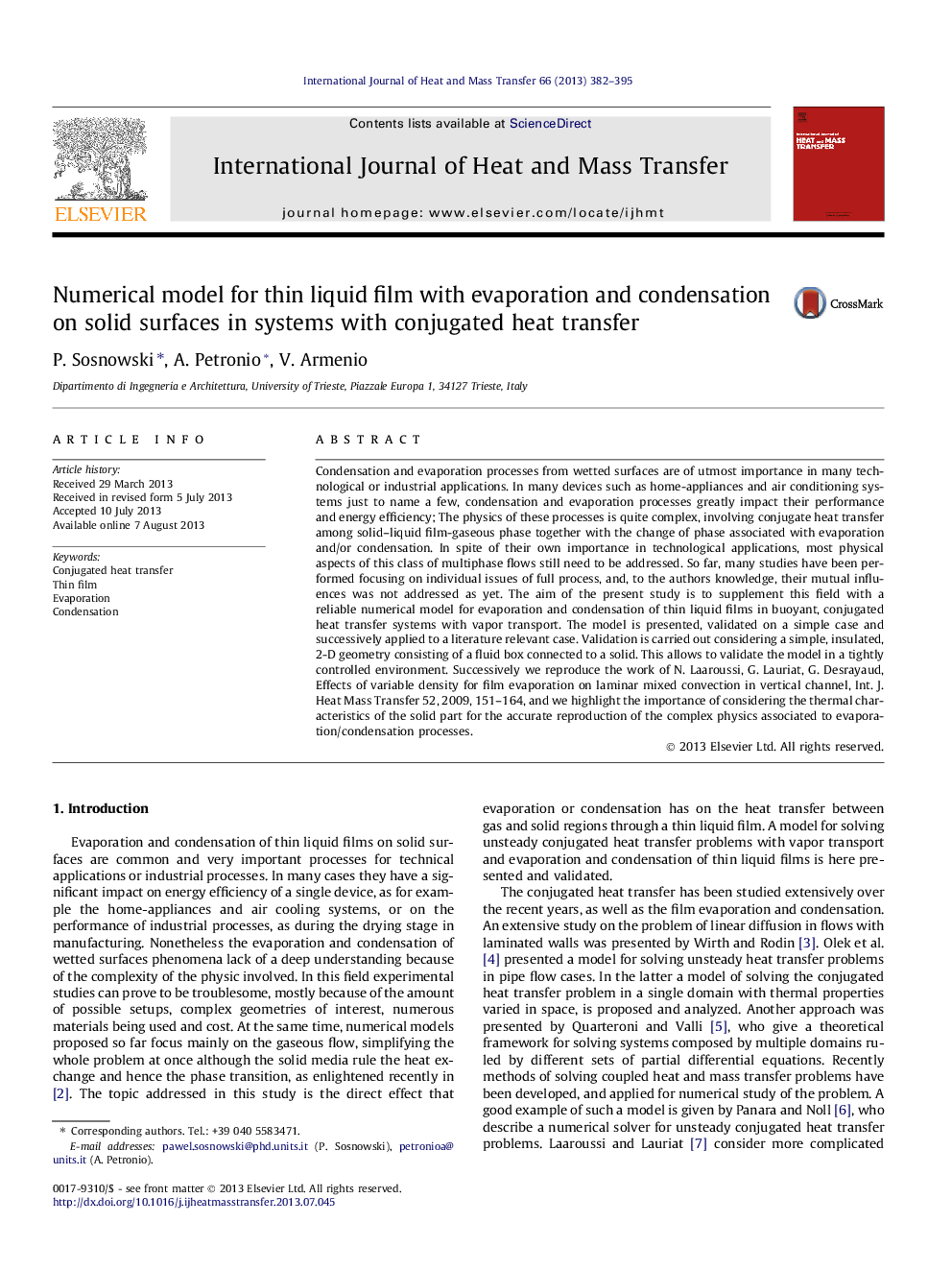 Numerical model for thin liquid film with evaporation and condensation on solid surfaces in systems with conjugated heat transfer