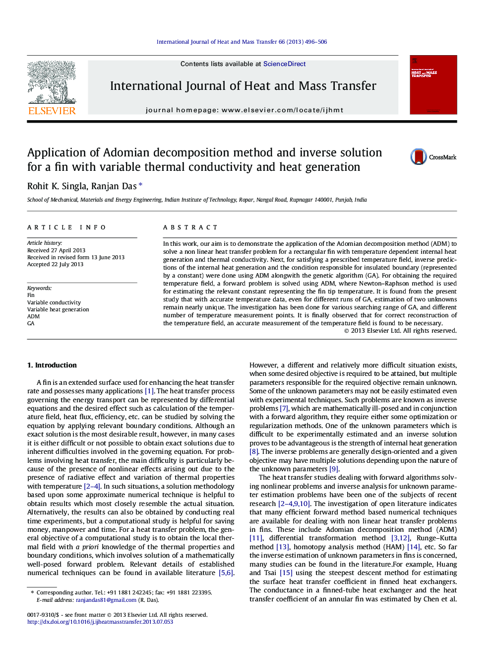 Application of Adomian decomposition method and inverse solution for a fin with variable thermal conductivity and heat generation