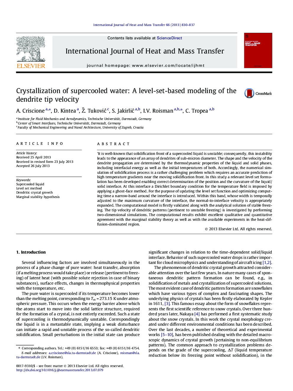 Crystallization of supercooled water: A level-set-based modeling of the dendrite tip velocity