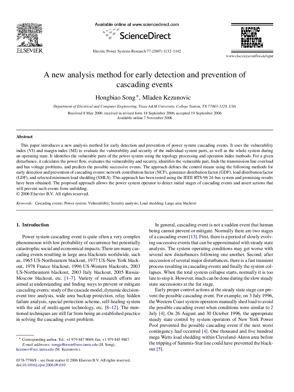 A new analysis method for early detection and prevention of cascading events