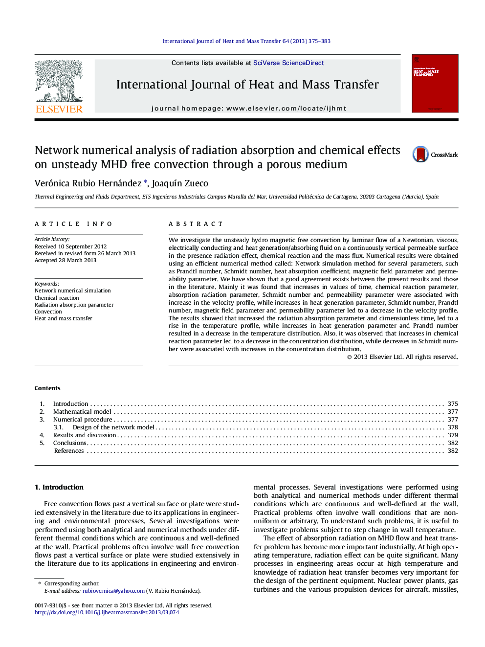 Network numerical analysis of radiation absorption and chemical effects on unsteady MHD free convection through a porous medium